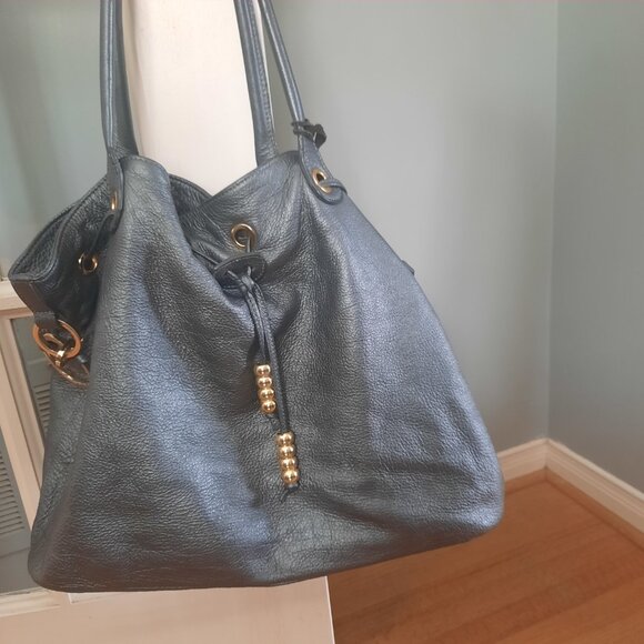 Large Aqua Madonna drawstring leather bag - Picture 3 of 14